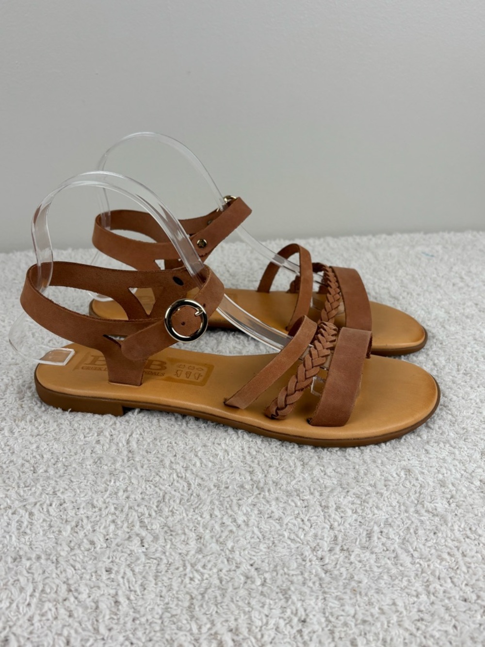 B&B Greek Sandals Women 39 US 8.5 Brown Leather Braded Strappy Adjustable Greece